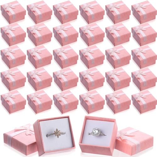 Huquary 160 Pcs Ring Gift Box with Ribbon Bow Cardboard Jewelry Gift Box for Proposal Wedding Birthday Earring Display(Pink)