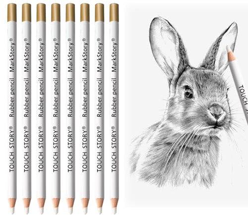SSKHE 8 Stück Highlight-Radierstift für Künstler, Radiergummi, Zeichenstift mit einem Spitzer, Holz-Skizzierstift, Radierstifte zum Skizzieren, Porträt, Überarbeiten von Details