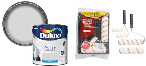 Dulux 500006 Matt Emulsion Paint For Walls And Ceilings - Polished Pebble 2.5L & Fit For The Job 7 piece Emulsion Paint Roller Set, 2x 9 inch & 2x Mini Paint Rollers, Frames & Paint