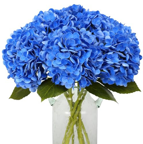 JUSTOYOU Juego de 3 hortensias artificiales, flores artificiales de hortensias de un solo tallo largo, realistas, 19,6 pulgadas de gran tamaño, para bodas, fiestas en casa (azul oscuro)