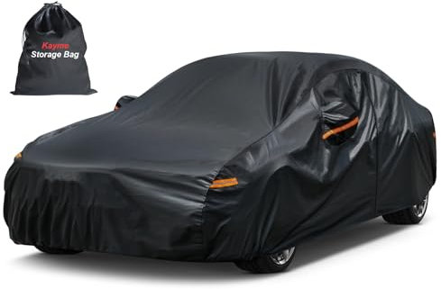 Kayme Bâche Voiture Étanche Respirante, 7 Couches Housse de Protection Voiture Extérieur Contre Pluie Soleil Poussière avec Zip et Doublure en Coton pour Berline/Break 470 à 490 cm, 3XL