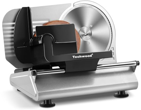 Meat Slicer, Techwood 150W Electric Food Slicer with Removable 7.5” Stainless Steel Blade, Deli Fruit Vegetable Cutter with Adjustable Knob for Thickness, Food Carriage & Non-Slip Feet, Double Blade