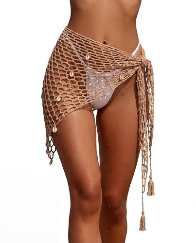 Geyoga Women Crochet Cover-ups Skirt Triangle Shawl Mermaid Skirt Hollow out Swimwear Shell Beach Fishnet Wrap(Khaki)