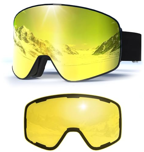 Occhiali Da Sci,Anti Nebbia Anti-UV Maschera Sci,OTG Maschera da Sci,Protezione UV400 YH212 Occhiali da Sci Magnetica per Adulto Uomini (Montatura nera-Lenti dorate VLT7%+Lenti gialle VLT78%)
