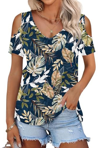 WNEEDU T-shirt damer sommar v-ringad axellös topp kortärmade toppar elegant tunika blus med lös passform lätt och luftig, Tropiskt bladmönster, XL