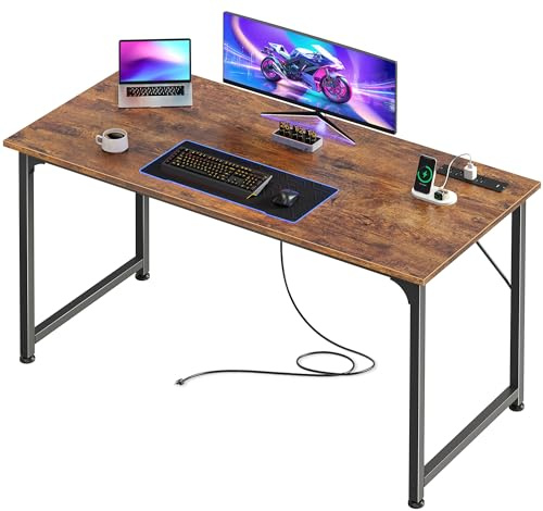 PRAISUN 47 X 20 Inch Office Computer Desk with Power Outlets and USB-C Port, Larger Gaming Desk, for Home Office, Study, Bedroom, Writing Work from Home Table, Metal Frame, Rustic Brown