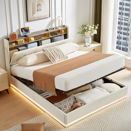 Artswish Polsterbett Stauraumbett 140x200cm, Mit Led, Hydraulisches Bett Regalkopfteil Mit Stauraum, Doppelbett Mit Lattenrost, Boxspringbett Mit Bettkasten, Beige (Ohne Matratze)