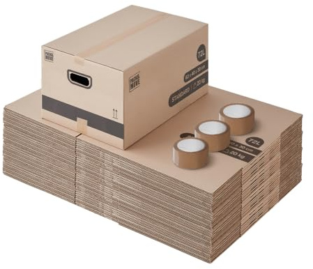 Pack and Move - Lot 50 Cartons Déménagement Stockage M - 60 x 40 x 30 cm - Poignées renforcées - 3 adhésifs offerts