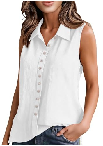 Camisetas de lino para mujer, sin mangas, con botones, para verano, algodón, lino, cuello de solapa, chalecos para mujer, casual, transpirable, ajuste regular, blusas elegantes, camisetas de oficina y