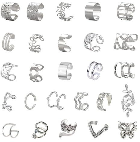 HTTDSLF 26Pcs Ear Cuff Pendientes Oreja Sin Agujero para Mujere Joyas Ajustables para las Orejas Sin Perforar Pendientes Clip Hipoalergénicos Falsos Piercing Oreja Cartílago Helix Ear Cuff Plata