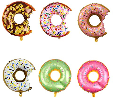 GIICE 6 Pcs Donut Balloon Kit Large Multicolor Aluminum Foil Balloons for Donut to Theme Birthday Party Decorations Baby Shower Wedding Candy Balloons(28 Inch)