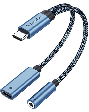 SOOMFON USB C to 3.5mm Jack Headphones and Charger Adapter, 2 in 1 USB Type C to Aux Adapter with PD 60W Fast Charging Cable, for for iPad Pro 2020, Galaxy S20+, Pixel 4 XL and More(Blue)