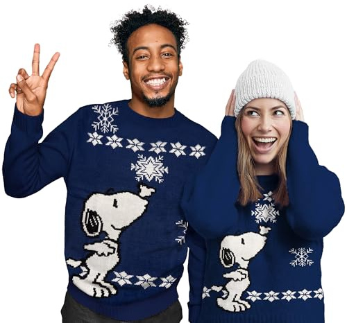 Pull d'Hiver Peanuts Unisexe Snoopy Pull Tricoté d'Hiver Sweatshirt Pull Moche pour Hommes et Femmes Bleu, bleu, L
