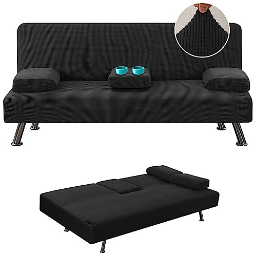 H.VERSAILTEX 4 Pieces Stretch Futon Covers Sofa Bed Slipcover with Removable Armrests and Cupholders Covers Furniture Protector High Spandex Small Checks Jacquard Fabric, Black