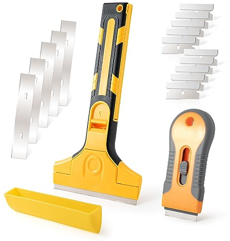 Gomake Rascador de hoja de afeitar, herramienta de pintura de pared, raspador de vidrio con cuchillas de afeitar adicionales para calcomanía, pegamento, pintura, eliminación de adhesivos, limpieza de