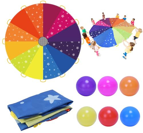 DKINY Regenbogen Schwungtuch Kinder 2.4m Bunt Fallschirm mit 12 Bällen und 12 Griffe Parachutes Spielzeug Fallschirmspiel Kooperative Bewegungsspiel Sportspiel Outdoor Gruppenspiel für Garten Schulen
