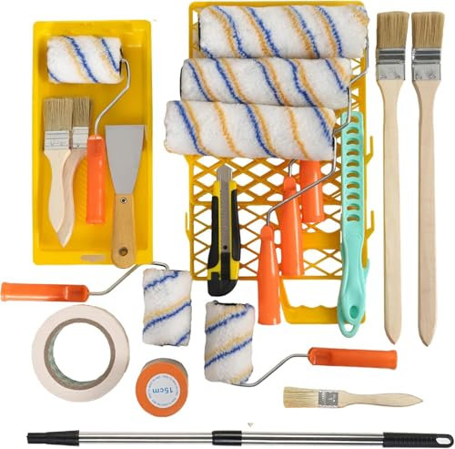 QILICZ Kit complet de peinture pour peinture murale et plafond - Rouleau de peinture, pinceau, film de masquage, ruban adhésif, barre télescopique et aide pratique