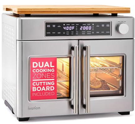 Ivation Dual Zone Air Fryer French Door Oven - 32 Quatity Convection Toaster Combo, 10-in-1 Multifunction Up to 450° - 1800W - Temperature Control, Timer - Stainless Steel - Dehydrate, Bake, Roast