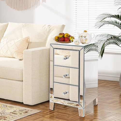 BST FURNH Tavolino di Design in Vetro Argentato, Comodino a Specchio con 3 Cassetti, Tavolo d'Accento, 30.48 x 60.96 cm