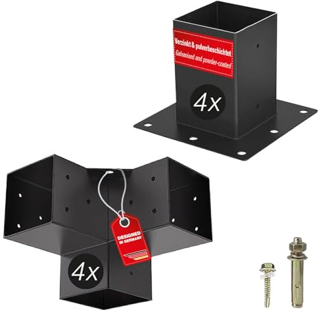 SOTECH byggsats 8 delar (4x hörnkopplingar + 4x jordhylsor) fyrkantig 90 x 90 mm stål galvaniserat och svart pulverlackerat för maximalt korrosionsskydd, stolphörn för aluminium och träkonstruktioner