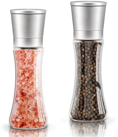 OBLLAR Premium Salt and Pepper Grinder Set of 2- Brushed Stainless Steel Pepper Mill and Salt Mil, Glass Body, Size Grade Adjustable Ceramic Rotor-Salt and Pepper shakers - Tall [No Spices Included]