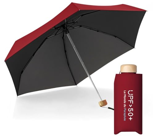 Le Monde du Parapluie Ombrello pieghevole da donna a 5 strati, ultra leggero e compatto, da viaggio, tasca, antivento, protezione UV UPF 50+, protezione UV e UV, colore rosso