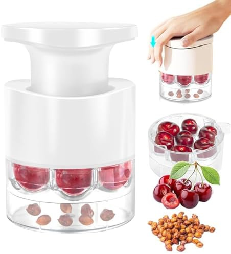 Cherry 7 Stone and Plum Pitter, Extra Fast: 7 Cherries at Once, ABS, Steinomat, Push Type Cherry Corer, for Preparing Datmaten Hawthorn, White/Red, Portable Finishing Aid