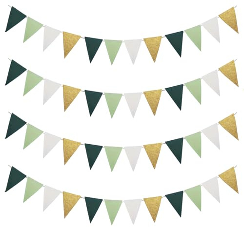 peiqiup Bandierine Triangolari Verde (4 Set), Bandierine Triangolari, per Decorazioni Compleanno, la Festa della Mamma, Festa di Nozze, Bianco