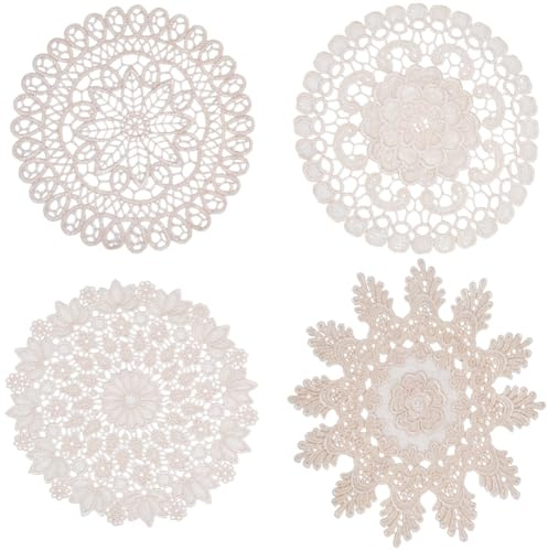CABODYALS Posavasos de Ganchillo Estilo Vintage de 4 estilos con Estampado de Flores Beige, Manteles Individuales de Encaje Redondos de Poliéster Rústicos, Decoración de Mesa para Cocina, Comedor, Bod