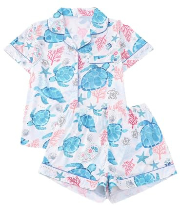 Generisch Set di biancheria da notte estiva da donna, a maniche corte, pigiama, comodo, stampa a tartaruga, vestibilità comoda, biancheria da notte per il relax a casa, Celeste., M