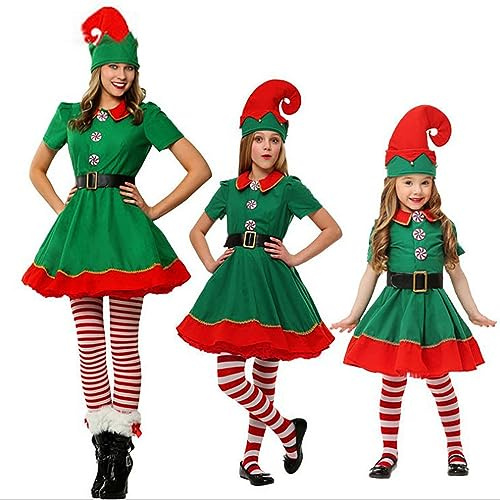 Lanunlly Ropa Navidad Familia Conjunto Traje de Elfo Navideño Hombre Mujer Disfraz Elfo de Niña Vestido Familia Adultos Niños disfraces Duende Iguales a Juego Chica para Fiestas Cosplay Carnaval 2025