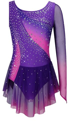 ranrann Abito da Danza Classica con Strass per Ragazza Monospalla Vestito da Pattinaggio Artistico Balletto Body da Ballo Latino Salsa Ginnastica Ritmica Dancewear A Viola 11-12 Anni