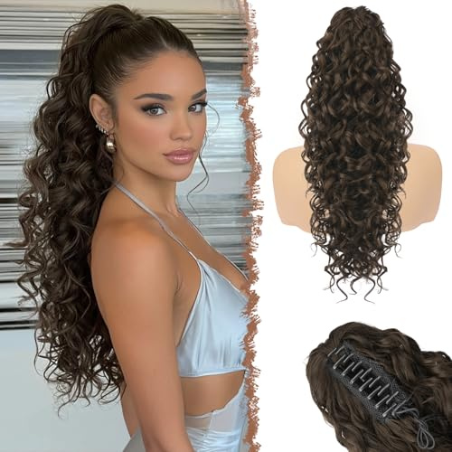 FESHFEN Coletas Postizas Rizado con Pinza - Coleta Postiza Pelo Marrón Oscuro Natural Ondulado Larga Ponytail Clip de Extensiones de Cabello Sintético Cola Postizos para Mujeres, 65 cm