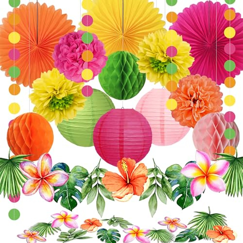 Syoulin 27 Piezas Decoración Hawaii Luau, Decoración Fiesta Hawaiana y Cumpleaños con Abanicos, Flores y Farolitos de Papel, Collares Hawaianos y Elementos Tropicales para Fiesta Playa y Tema Aloha