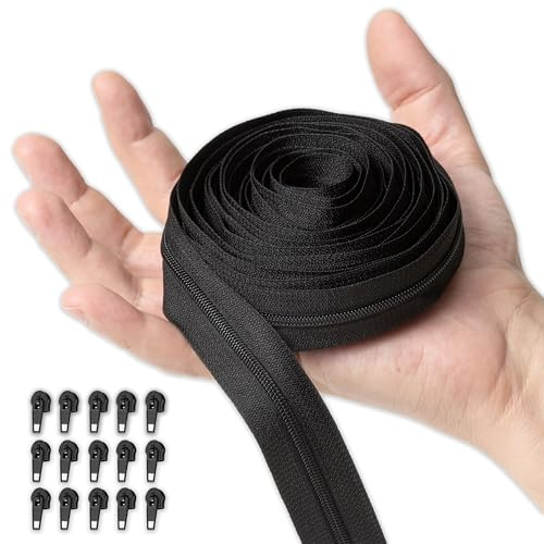 IPEA Cremallera Continua Cadena #3 Negra - [ 5 METROS + 15 CURSORES METÁLICOS ] - Made in Italy - Cremallera Recortable para Costura, Ropa y Accesorios - Ancho 30 mm - Negro