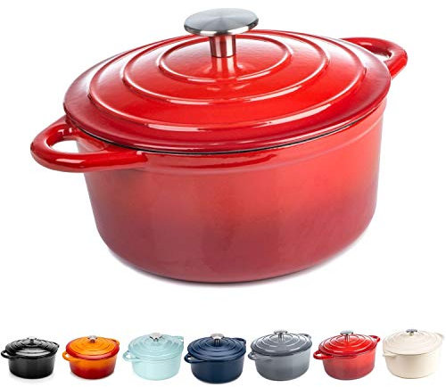 Round Casserole Dish - Cast Iron Ceramic Induction and Gas Safe Dutch Oven Roasting Cooker - with Lid - 10 Year Gurantee (5.2L Casserole, Red)