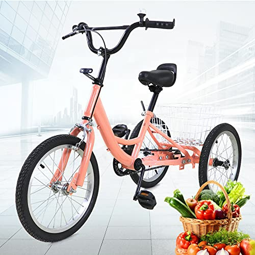 ROMYIX 16 Inch Children's Tricycle Single Speed Bike 3-Wheel Cruiser Bike with Basket, Adjustable Handlebar&Saddle Kids Balance Bike for 7-10 Years Old, Orange (01)