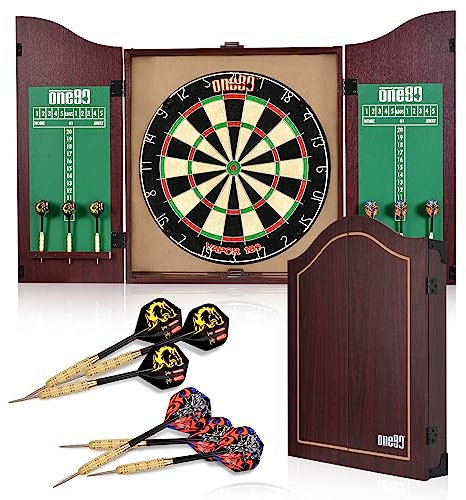 ONE80 Dartschrank Holz, Dartboards mit 6 Steeldart Dartpfeilen Metallspitze, Dartschrank Holz (Brown, Standard)