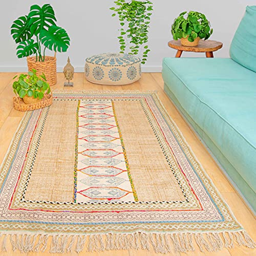Mandala Life ART 120 x 180 cm Handgefertigter Teppich mit Handstickerei und Fransen – Boho-Chic-Dekorteppich – dekorativer Akzent für Ihr Wohnzimmer, Schlafzimmer, Terrasse oder Kinderzimmer