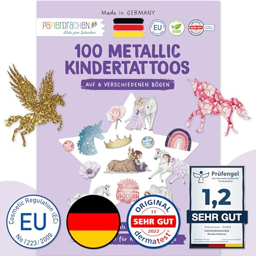 Papierdrachen 100 metalliska tatueringar att klistra på - mjuk hud enhörning barn - glittrande tatuering - som födelsedagspresent - vegan - tillverkad och testad i Tyskland