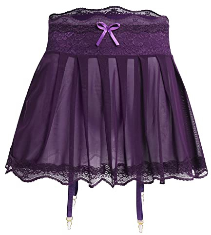 IBAKOM Lingerie da uomo Sissy Mini gonna in tulle con reggicalze cintura bowknot floreale pizzo Trim Girly biancheria intima femminile Crossdressing mutande, Viola, L