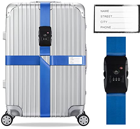 Veki Juego de Correas Cruzadas para Equipaje Aprobadas por TSA con Candado Correas de Embalaje Ajustables para Maletas, Etiquetas de Nombre con Tarjeta de Identificación (1 Unidad, Azul)