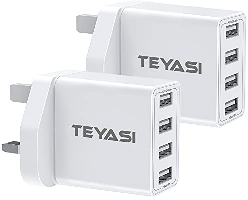 2 Pack USB Plug Adaptor UK, Multi USB Charger Plug UK 4 Port 3 Pin Wall Charger, Multiple Mains Charge Power Adapter Fast Charging for iPhone 14 13 12 11 10 XS Max XR X 8 7 6
