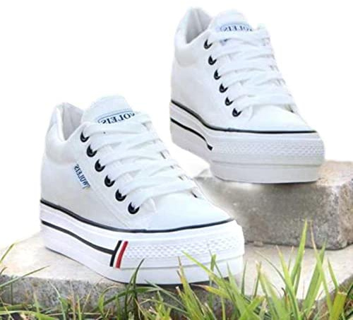 DSAI Baskets compensées en toile pour femme - Baskets compensées décontractées pour femme - Blanc - 40