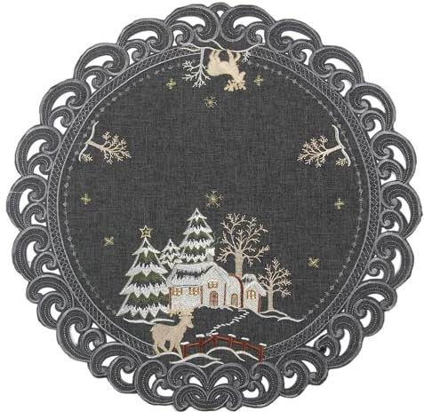 HanaQi Weihnachten Hirsch im WinterlandschaftMitteldecke Leinenoptik ca. 60 cm Rund, Grau