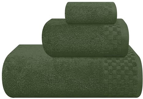MyOwn Ultra-weiches 3er-Pack Baumwoll-Handtuch-Set, enthält a übergroße Badetücher 70 x 140 cm, a Handtücher 40 x 60 cm und a Waschbetten 30 x 30 cm, Olivgrün