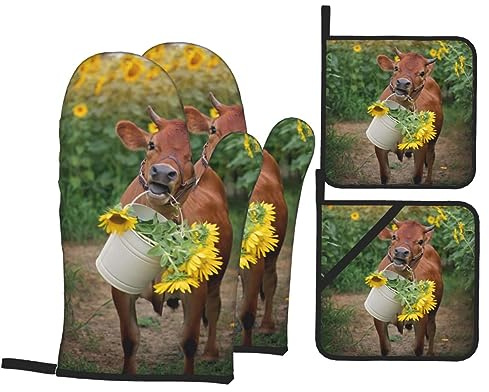 Ofenhandschuhe und Topflappen, Motiv: Kuh in Sonnenblumen, hitzebeständig, Küchenzubehör zum Kochen, Backen und Grillen