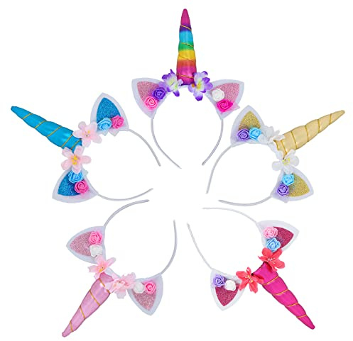 Hiziwimi Unicorn Horn Headband Flower Ears Headband Rainbow Color 5 Pack in Different Design for Girl Party Birthday Cosplay Festivals (5 Colors, 26×11.5cm)