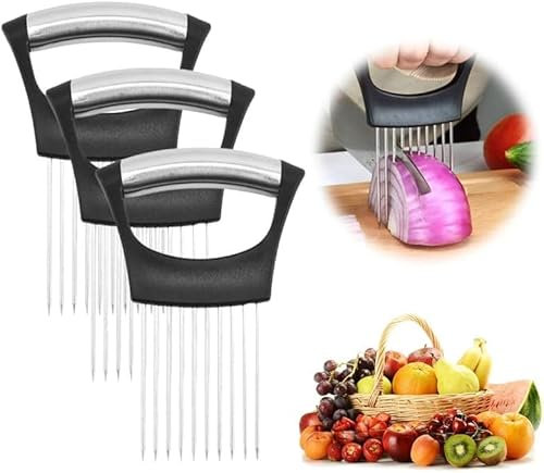 2024 Supporto Migliorato per Tagliare Cipolle, Porta Fette in Acciaio Inox, Tagliaslimone, Tagliaverdure per Carne, Patate, Pomodori (3 Pezzi)