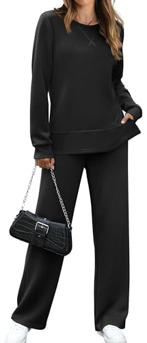 Lounge Sets for Women 2 Piece Fall Outfits Winter Travel Long Sleeve Tracksuit Wide Leg Sweatsuits Vacation Loungewear Loose Sweatsuit Ladies Going Out Clothes Clothing Black XL